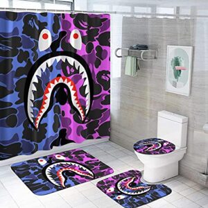 APEIHVG Fashion 4 Pcs Shower Curtain Sets Non-Slip Rugs, Toilet Lid Cover Contour Mat and Bath Mat Waterproof Bath Curtain with 12 Hooks Shark Mouth Teeth Bathroom Decor Set