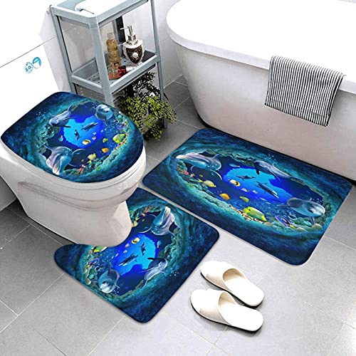 4 Piece Dolphin Curtain Sets with Non-Slip Rug,Toilet Lid Cover,Bath Mat,12 Hooks,Blue Sea World Ocean Fish Bathroom Decor Waterproof Shower Curtains with for Bathroom Accessory Rug Sets 70.8''Long