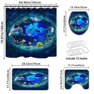 4 Piece Dolphin Curtain Sets with Non-Slip Rug,Toilet Lid Cover,Bath Mat,12 Hooks,Blue Sea World Ocean Fish Bathroom Decor Waterproof Shower Curtains with for Bathroom Accessory Rug Sets 70.8''Long