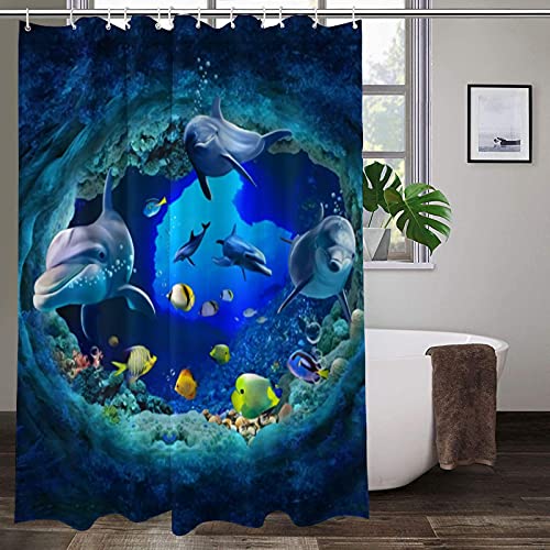 4 Piece Dolphin Curtain Sets with Non-Slip Rug,Toilet Lid Cover,Bath Mat,12 Hooks,Blue Sea World Ocean Fish Bathroom Decor Waterproof Shower Curtains with for Bathroom Accessory Rug Sets 70.8''Long