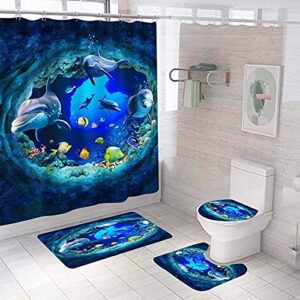 4 Piece Dolphin Curtain Sets with Non-Slip Rug,Toilet Lid Cover,Bath Mat,12 Hooks,Blue Sea World Ocean Fish Bathroom Decor Waterproof Shower Curtains with for Bathroom Accessory Rug Sets 70.8''Long