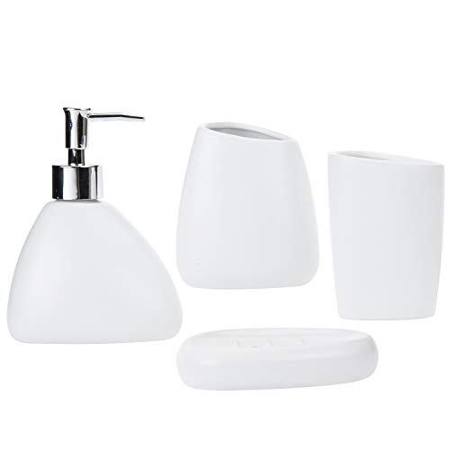 MyGift 4 Piece White Ceramic Bathroom Accessories Set Includes Soap Pump Dispenser & Dish, Tumbler, Toothbrush Holder