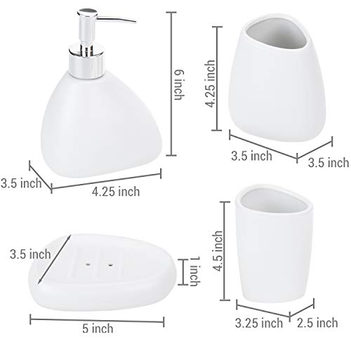 MyGift 4 Piece White Ceramic Bathroom Accessories Set Includes Soap Pump Dispenser & Dish, Tumbler, Toothbrush Holder