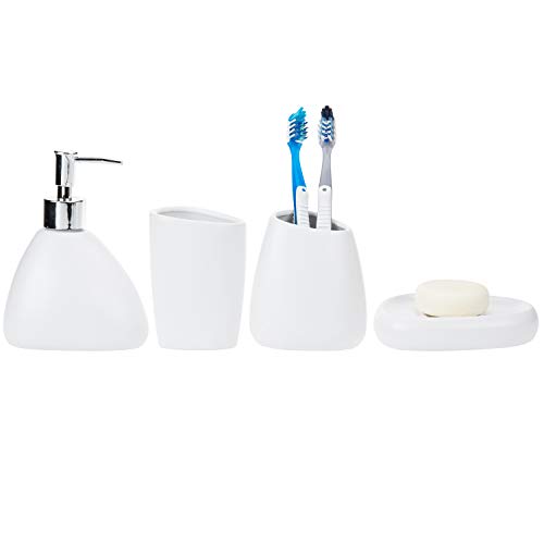 MyGift 4 Piece White Ceramic Bathroom Accessories Set Includes Soap Pump Dispenser & Dish, Tumbler, Toothbrush Holder