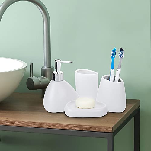 MyGift 4 Piece White Ceramic Bathroom Accessories Set Includes Soap Pump Dispenser & Dish, Tumbler, Toothbrush Holder