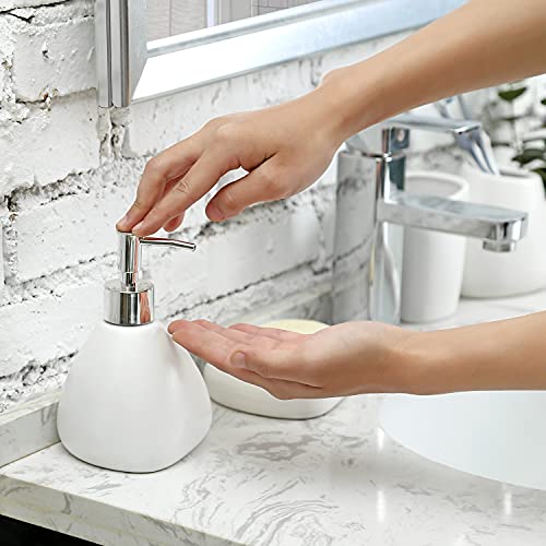 MyGift 4 Piece White Ceramic Bathroom Accessories Set Includes Soap Pump Dispenser & Dish, Tumbler, Toothbrush Holder