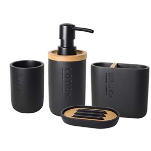 pflife black bamboo bathroom accessories matte set of 4 polyresin lotion soap dispenser toothbrush holder tumbler soap dish bathroom accessory set
