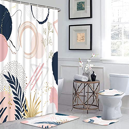 Alishomtll 4 Pcs Abstract Mid Century Shower Curtain Set with Rugs, Pink Plant Bathroom Set with Shower Curtain and Rugs, Minimalist Boho Bathroom Sets Decor Aesthetic