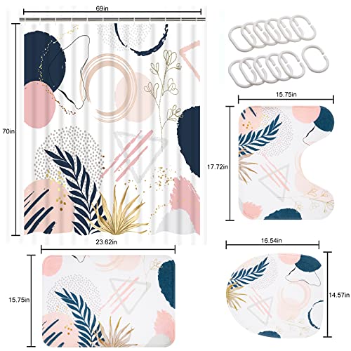 Alishomtll 4 Pcs Abstract Mid Century Shower Curtain Set with Rugs, Pink Plant Bathroom Set with Shower Curtain and Rugs, Minimalist Boho Bathroom Sets Decor Aesthetic