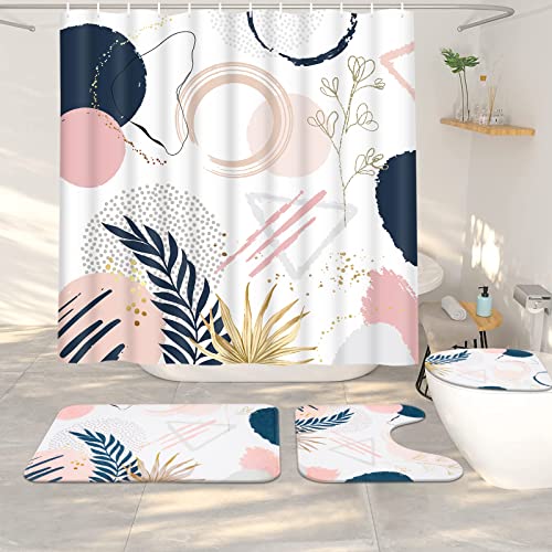 Alishomtll 4 Pcs Abstract Mid Century Shower Curtain Set with Rugs, Pink Plant Bathroom Set with Shower Curtain and Rugs, Minimalist Boho Bathroom Sets Decor Aesthetic