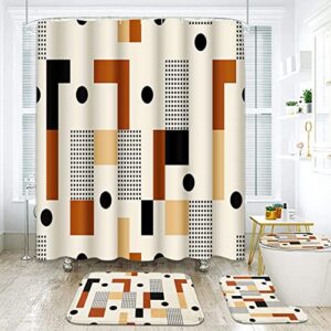 geometric plaid bathroom sets with shower curtain and rugs and accessories, boho vintage stripe brown shower curtain sets, modern shower curtains for bathroom,orange bathroom decor 4 pcs