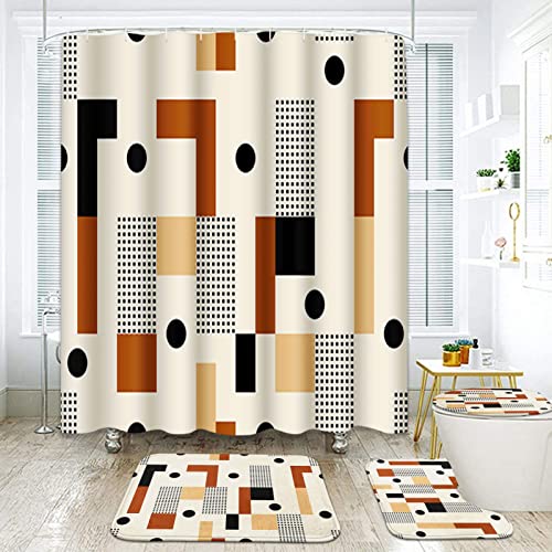 Geometric Plaid Bathroom Sets with Shower Curtain and Rugs and Accessories, Boho Vintage Stripe Brown Shower Curtain Sets, Modern Shower Curtains for Bathroom,Orange Bathroom Decor 4 Pcs