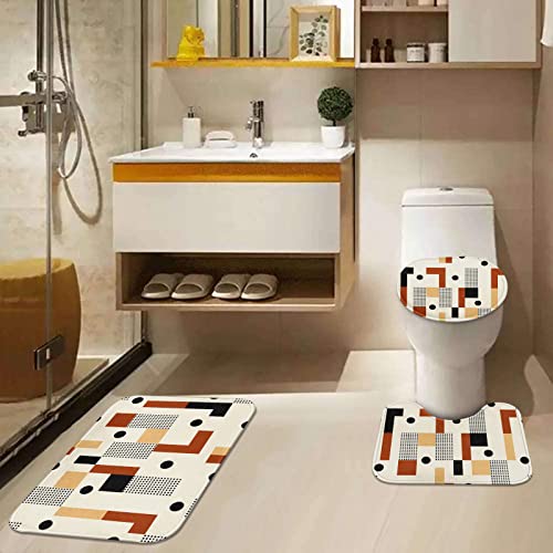 Geometric Plaid Bathroom Sets with Shower Curtain and Rugs and Accessories, Boho Vintage Stripe Brown Shower Curtain Sets, Modern Shower Curtains for Bathroom,Orange Bathroom Decor 4 Pcs