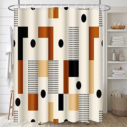 Geometric Plaid Bathroom Sets with Shower Curtain and Rugs and Accessories, Boho Vintage Stripe Brown Shower Curtain Sets, Modern Shower Curtains for Bathroom,Orange Bathroom Decor 4 Pcs