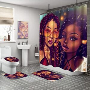 Annkoifu Shower Curtain Set, African Afro Black Girl Bathroom Accessories, 4 Piece Bathroom Decor Sets with Rugs and Waterproof Shower Curtains, 12 Hooks, Abstract