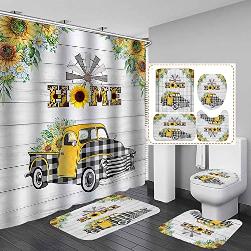 Dia Magico 4PCS Farm Truck Shower Curtain Set, Black White Buffalo Plaid Car Yellow Sunflower Daisy Floral Windmill Country Rustic Farmhouse Bathroom Decor, Fabric Shower Curtain, Non-Slip Bath Mat