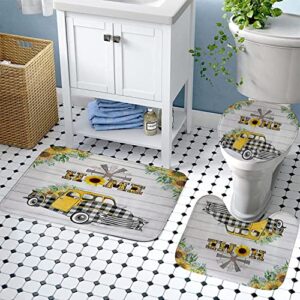 Dia Magico 4PCS Farm Truck Shower Curtain Set, Black White Buffalo Plaid Car Yellow Sunflower Daisy Floral Windmill Country Rustic Farmhouse Bathroom Decor, Fabric Shower Curtain, Non-Slip Bath Mat