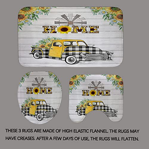 Dia Magico 4PCS Farm Truck Shower Curtain Set, Black White Buffalo Plaid Car Yellow Sunflower Daisy Floral Windmill Country Rustic Farmhouse Bathroom Decor, Fabric Shower Curtain, Non-Slip Bath Mat