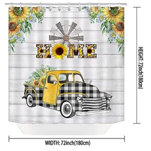 Dia Magico 4PCS Farm Truck Shower Curtain Set, Black White Buffalo Plaid Car Yellow Sunflower Daisy Floral Windmill Country Rustic Farmhouse Bathroom Decor, Fabric Shower Curtain, Non-Slip Bath Mat