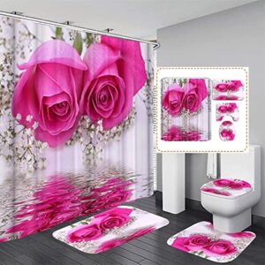 flower bathroom shower curtain sets, pink water roses bathroom sets with shower curtain and rugs, toilet lid cover and bath mat, artistic shower curtains with hooks