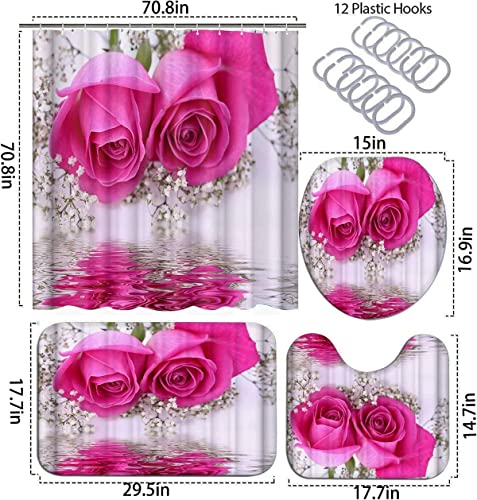 Flower Bathroom Shower Curtain Sets, Pink Water Roses Bathroom Sets with Shower Curtain and Rugs, Toilet Lid Cover and Bath Mat, Artistic Shower Curtains with Hooks