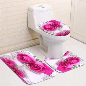 Flower Bathroom Shower Curtain Sets, Pink Water Roses Bathroom Sets with Shower Curtain and Rugs, Toilet Lid Cover and Bath Mat, Artistic Shower Curtains with Hooks