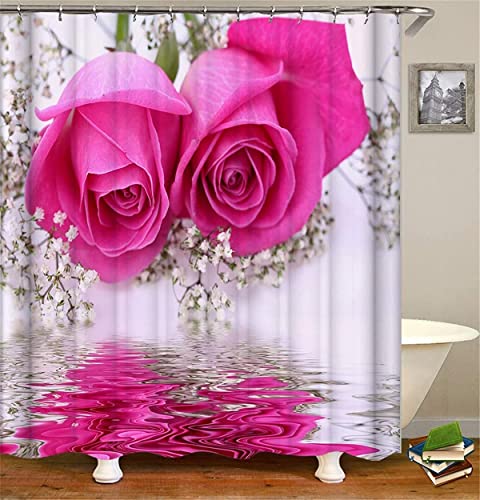 Flower Bathroom Shower Curtain Sets, Pink Water Roses Bathroom Sets with Shower Curtain and Rugs, Toilet Lid Cover and Bath Mat, Artistic Shower Curtains with Hooks