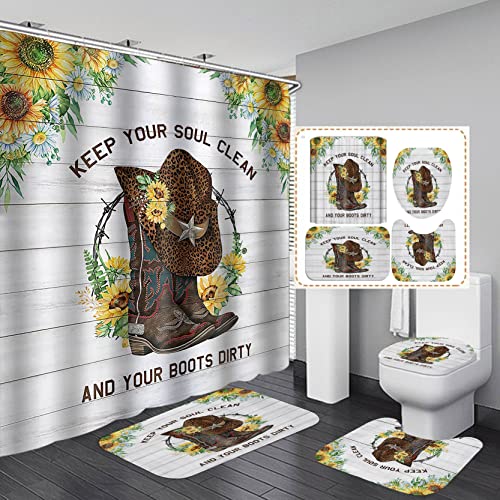 SKAILIÉ 4PCS Western Shower Curtain Set, Cowboy Boots Leopard Print Hat Yellow Sunflower White Daisy Floral Wild West Country Rustic Farmhouse Bathroom Decor, Fabric Shower Curtain, Non-Slip Bath Mat