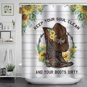 SKAILIÉ 4PCS Western Shower Curtain Set, Cowboy Boots Leopard Print Hat Yellow Sunflower White Daisy Floral Wild West Country Rustic Farmhouse Bathroom Decor, Fabric Shower Curtain, Non-Slip Bath Mat