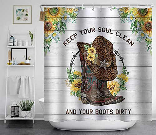 SKAILIÉ 4PCS Western Shower Curtain Set, Cowboy Boots Leopard Print Hat Yellow Sunflower White Daisy Floral Wild West Country Rustic Farmhouse Bathroom Decor, Fabric Shower Curtain, Non-Slip Bath Mat