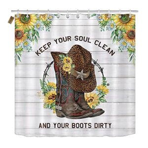 SKAILIÉ 4PCS Western Shower Curtain Set, Cowboy Boots Leopard Print Hat Yellow Sunflower White Daisy Floral Wild West Country Rustic Farmhouse Bathroom Decor, Fabric Shower Curtain, Non-Slip Bath Mat