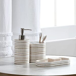 dkny bathroom accessories set 3 pieces striped bath countertop accessory - toothbrush holder, soap dispenser, vanity tray, beige white