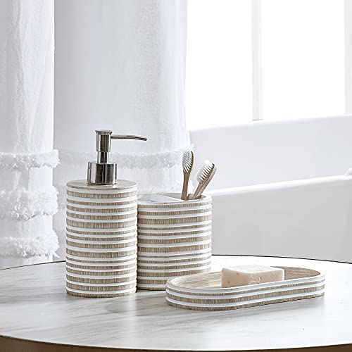 DKNY Bathroom Accessories Set 3 Pieces Striped Bath Countertop Accessory - Toothbrush Holder, Soap Dispenser, Vanity Tray, Beige White