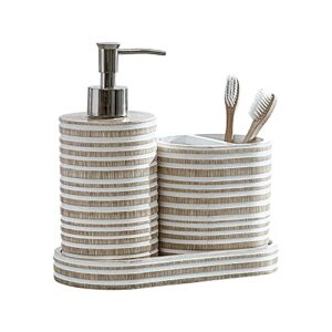 DKNY Bathroom Accessories Set 3 Pieces Striped Bath Countertop Accessory - Toothbrush Holder, Soap Dispenser, Vanity Tray, Beige White