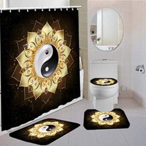 moumouhome black bathroom 4 pieces golden lotus curtain flower rugs 3d black/white yin yang tai chi shower curtain sets flannel toilet lid cover bath mat contour mat polyester shower curtain