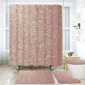 4pcs pink rose gold metallic glitter shower curtain sets with non slip rugs,toilet lid cover and bath mat,waterproof durable bathroom decor bath curtains 12 hooks