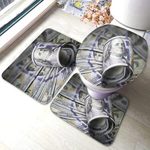 wondertify roll hundred dollar bill bathroom antiskid pad dollar bills 3 pieces bathroom rugs set, bath mat+contour+toilet lid cover