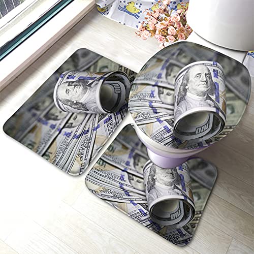 Wondertify Roll Hundred Dollar Bill Bathroom Antiskid Pad Dollar Bills 3 Pieces Bathroom Rugs Set, Bath Mat+Contour+Toilet Lid Cover