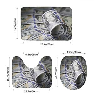 Wondertify Roll Hundred Dollar Bill Bathroom Antiskid Pad Dollar Bills 3 Pieces Bathroom Rugs Set, Bath Mat+Contour+Toilet Lid Cover