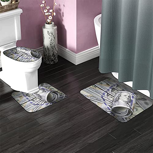 Wondertify Roll Hundred Dollar Bill Bathroom Antiskid Pad Dollar Bills 3 Pieces Bathroom Rugs Set, Bath Mat+Contour+Toilet Lid Cover