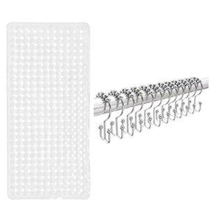 gorilla grip bathtub mat and shower curtain hooks, 12 pack, bath mat is 35x16 size in clear color, shower hooks are in polished chrome color, rust resistant, 2 item bundle