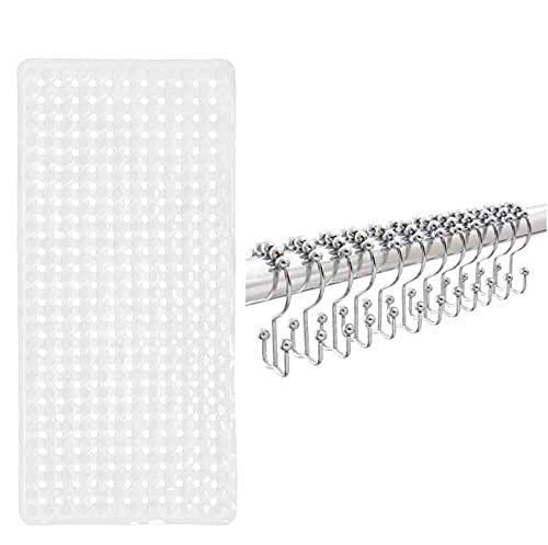 Gorilla Grip Bathtub Mat and Shower Curtain Hooks, 12 Pack, Bath Mat is 35x16 Size in Clear Color, Shower Hooks are in Polished Chrome Color, Rust Resistant, 2 Item Bundle