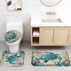 YRIGSUN Sea Turtle Nautical Shower Curtain Sets with Non-Slip Rugs Toilet Lid Cover and Bath Mat Beach Ocean Decor Coastal Shower Curtains with 12 Hooks Fabric Bath Curtain