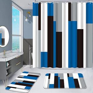 yokyhom bathroom sets, 3 pcs blue striped bathroom shower curtain sets with rugs, incl 71'' x 71'' polyester shower curtain with 12 hooks, 2 pcs 30'' x 18'' non slip bath mats