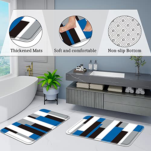 YOKYHOM Bathroom Sets, 3 Pcs Blue Striped Bathroom Shower Curtain Sets with Rugs, Incl 71'' x 71'' Polyester Shower Curtain with 12 Hooks, 2 Pcs 30'' x 18'' Non Slip Bath Mats