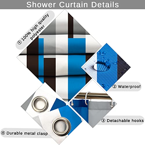 YOKYHOM Bathroom Sets, 3 Pcs Blue Striped Bathroom Shower Curtain Sets with Rugs, Incl 71'' x 71'' Polyester Shower Curtain with 12 Hooks, 2 Pcs 30'' x 18'' Non Slip Bath Mats