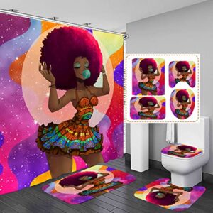 African American Shower Curtains for Bathroom, 4PCS Bathroom Shower Curtain Sets Include 1 Fabric Shower Curtain, 2 Non-Slip Rugs and 1 Toilet Lid Cover, Black Girl Shower Curtain Sets with Rugs(Red)