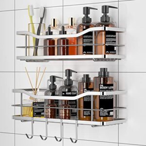 eagmak shower caddy with hooks of 4, no drilling adhesive shower shelf wall mounted shampoo holder, sus304 stainless steel shower storage organizer for bathroom, toilet and kitchen- 2 pack (silver)