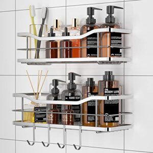 EAGMAK Shower Caddy with Hooks of 4, No Drilling Adhesive Shower Shelf Wall Mounted Shampoo Holder, SUS304 Stainless Steel Shower Storage Organizer for Bathroom, Toilet and Kitchen- 2 Pack (Silver)