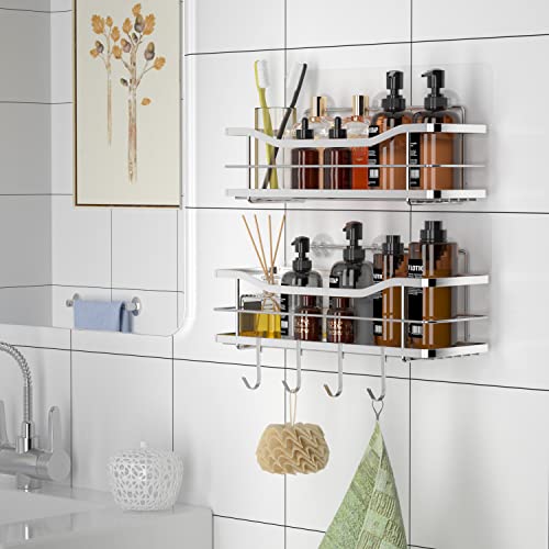 EAGMAK Shower Caddy with Hooks of 4, No Drilling Adhesive Shower Shelf Wall Mounted Shampoo Holder, SUS304 Stainless Steel Shower Storage Organizer for Bathroom, Toilet and Kitchen- 2 Pack (Silver)